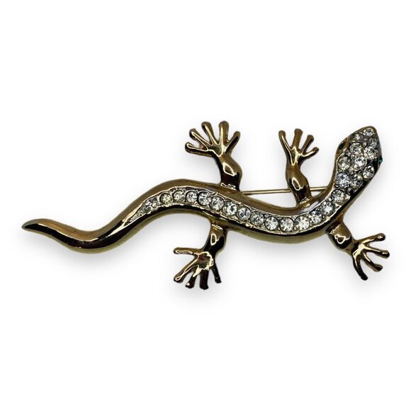 Vintage Rhinestone Gold Tone Gecko Brooch Pin w. Green Eyes - Picture 4 of 5